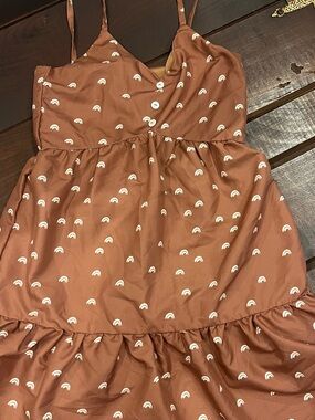 Rust Brown Mini Dress with Rainbow Print